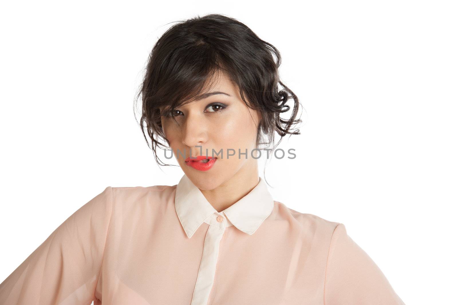 Portrait of a woman in a pink blouse on a white background isolated