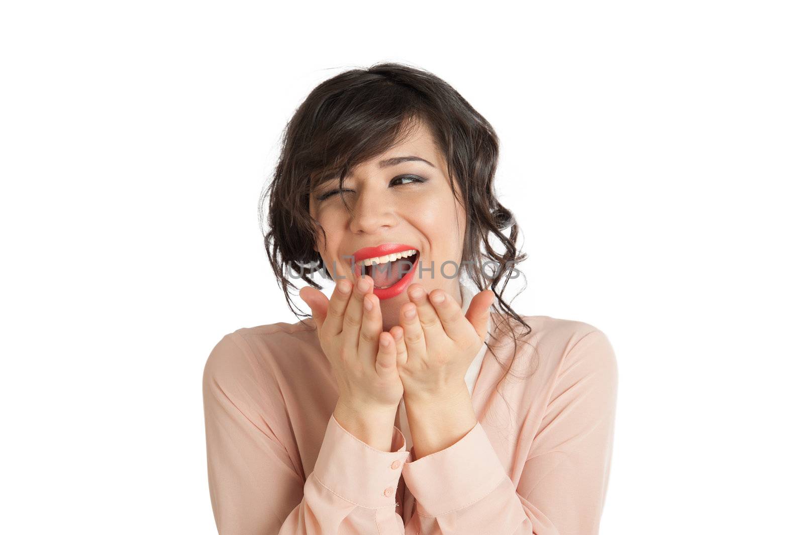 Portrait of a woman in a pink blouse on a white background isolated