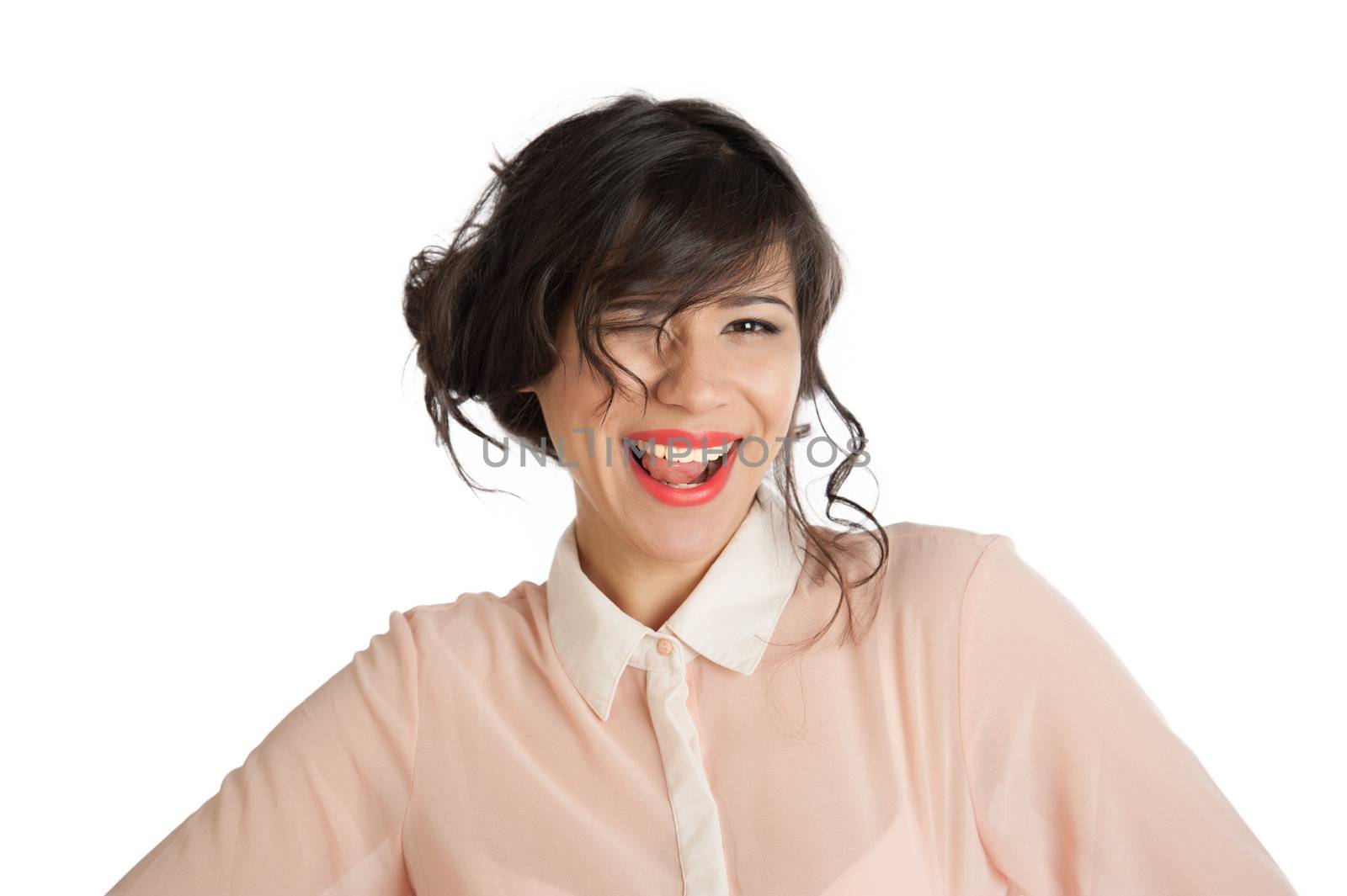 Portrait of a woman in a pink blouse on a white background isolated