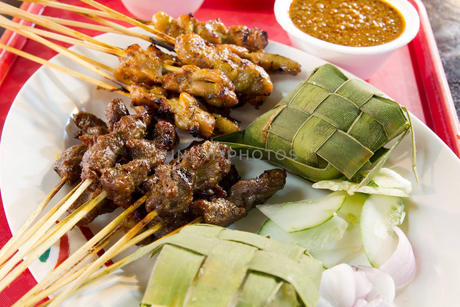 Chicken and Lamb Satay Skewers with Ketupat Rice and Peanut Sauce