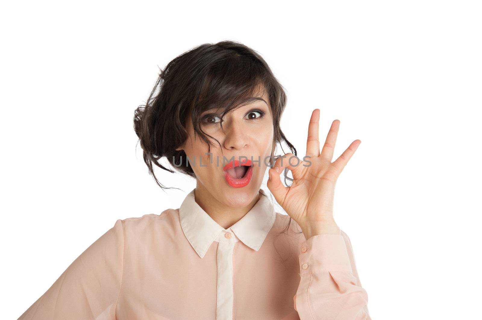 Portrait of a woman in a pink blouse on a white background isolated