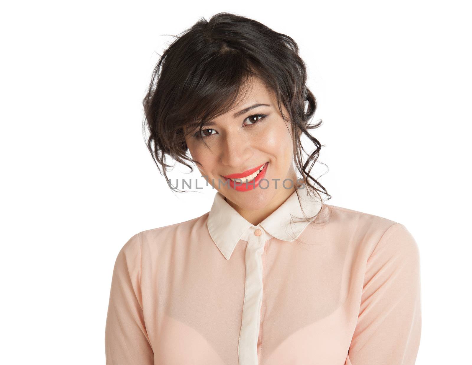 Portrait of a woman in a pink blouse on a white background isolated