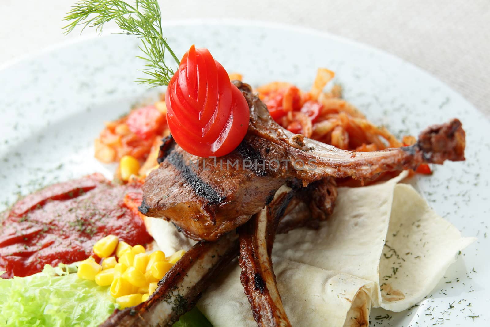 meat with garnish, sauce and salad on white dish