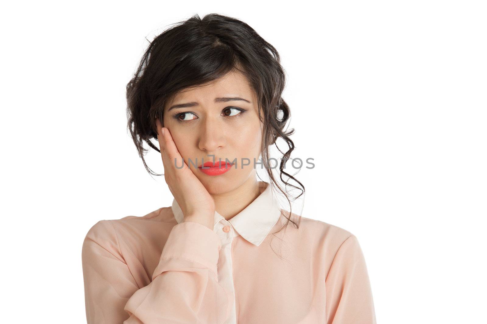 Portrait of a woman in a pink blouse on a white background isolated