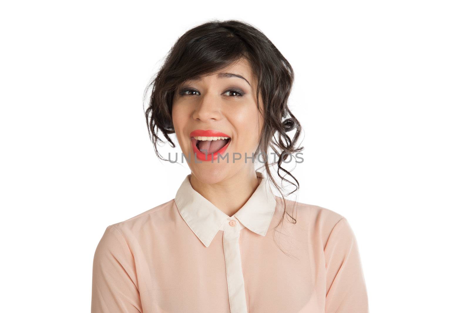 Portrait of a woman in a pink blouse on a white background isolated