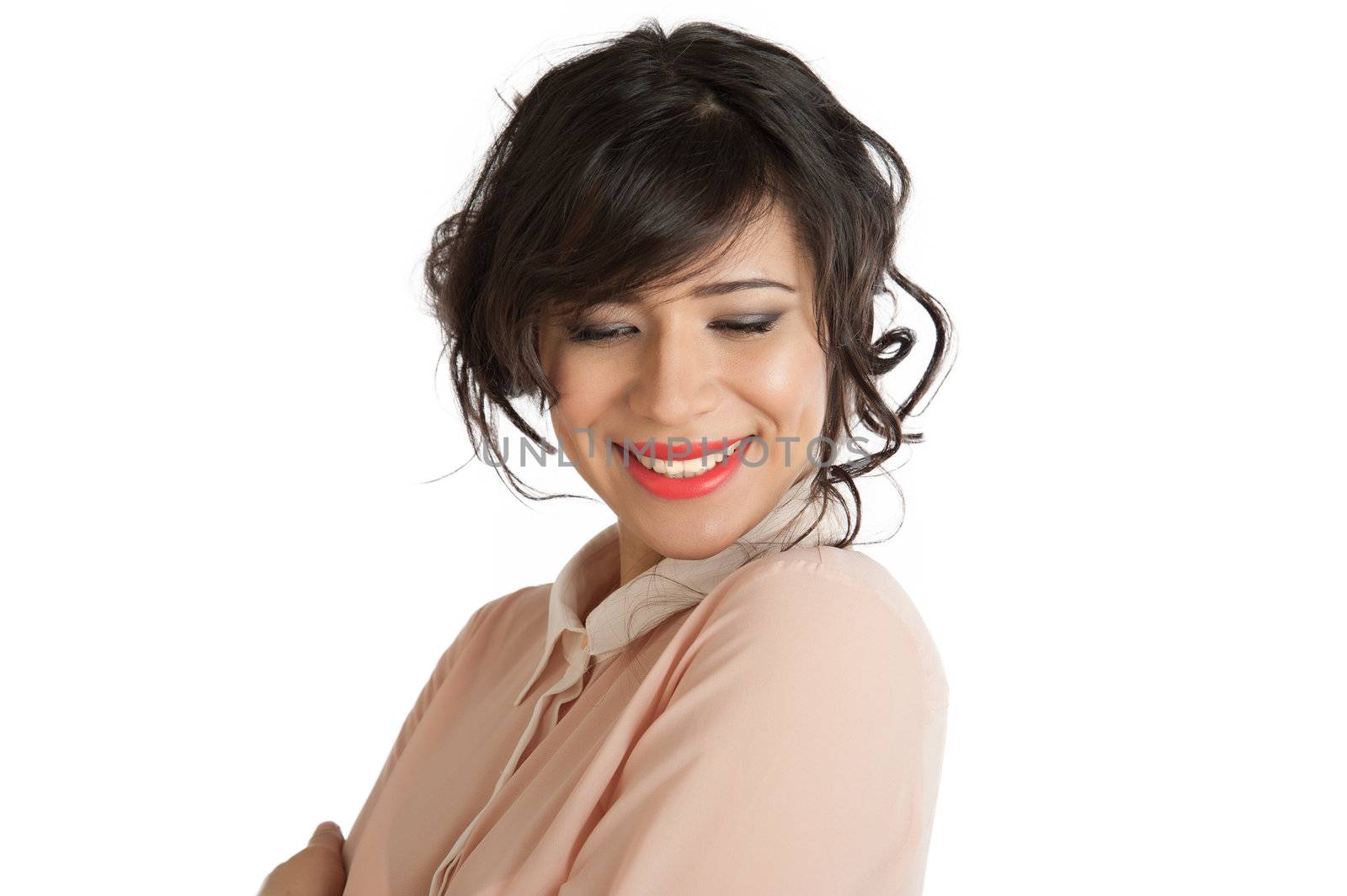 Portrait of a woman in a pink blouse on a white background isolated