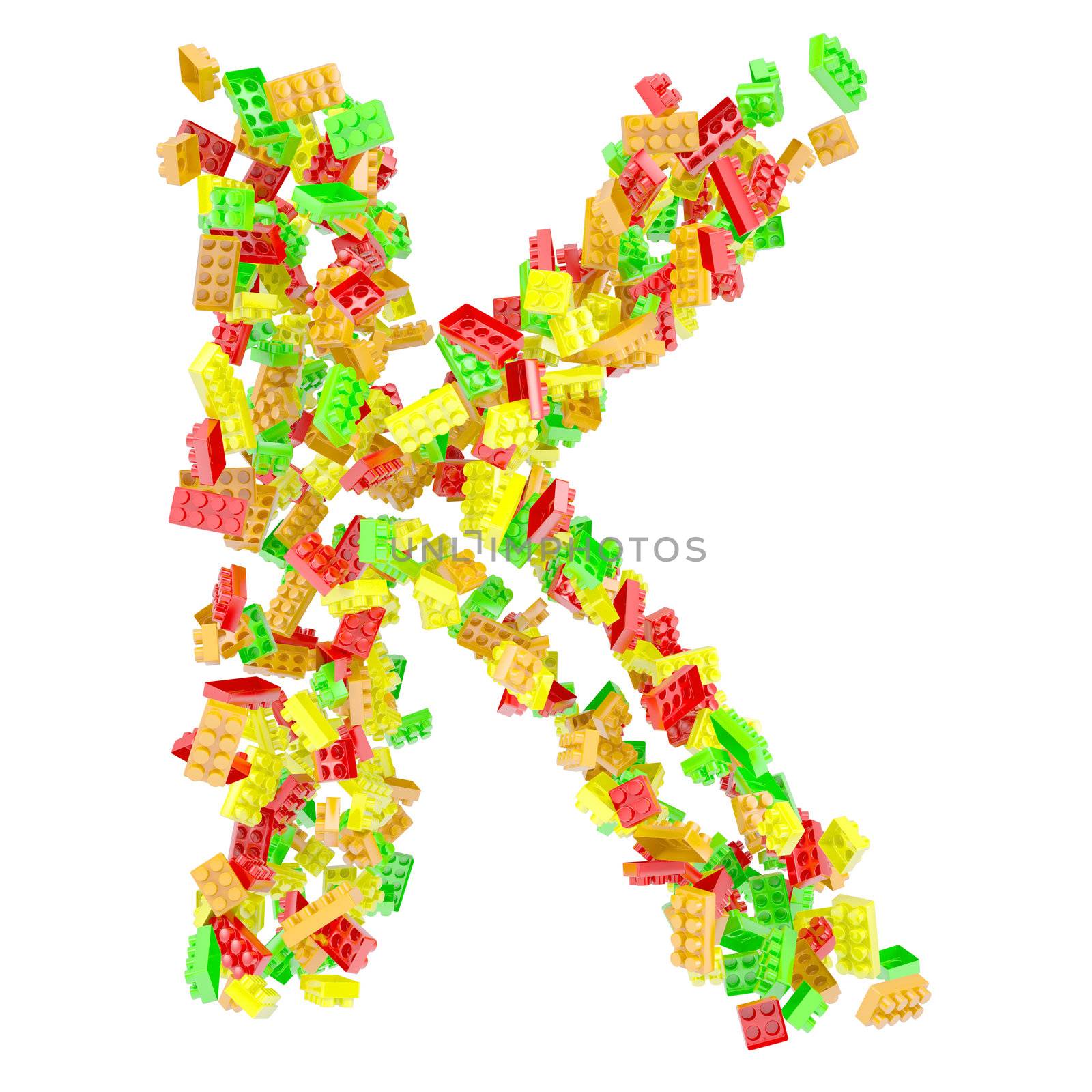 The letter K is made up of children's blocks. Isolated render on a white background