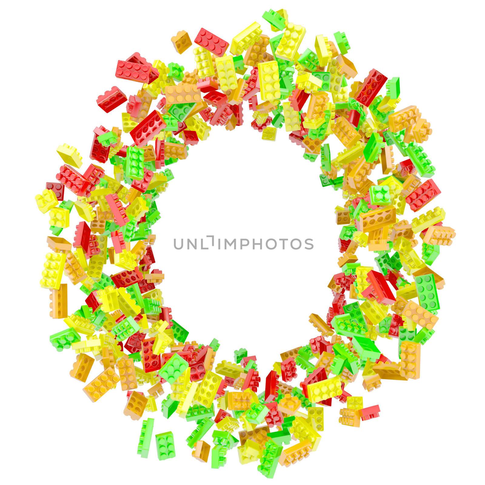 The letter O is made up of children's blocks. Isolated render on a white background