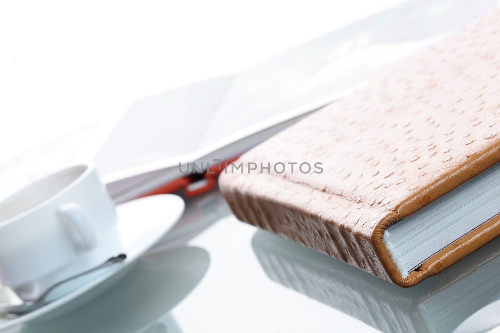 orange leather book on bright background