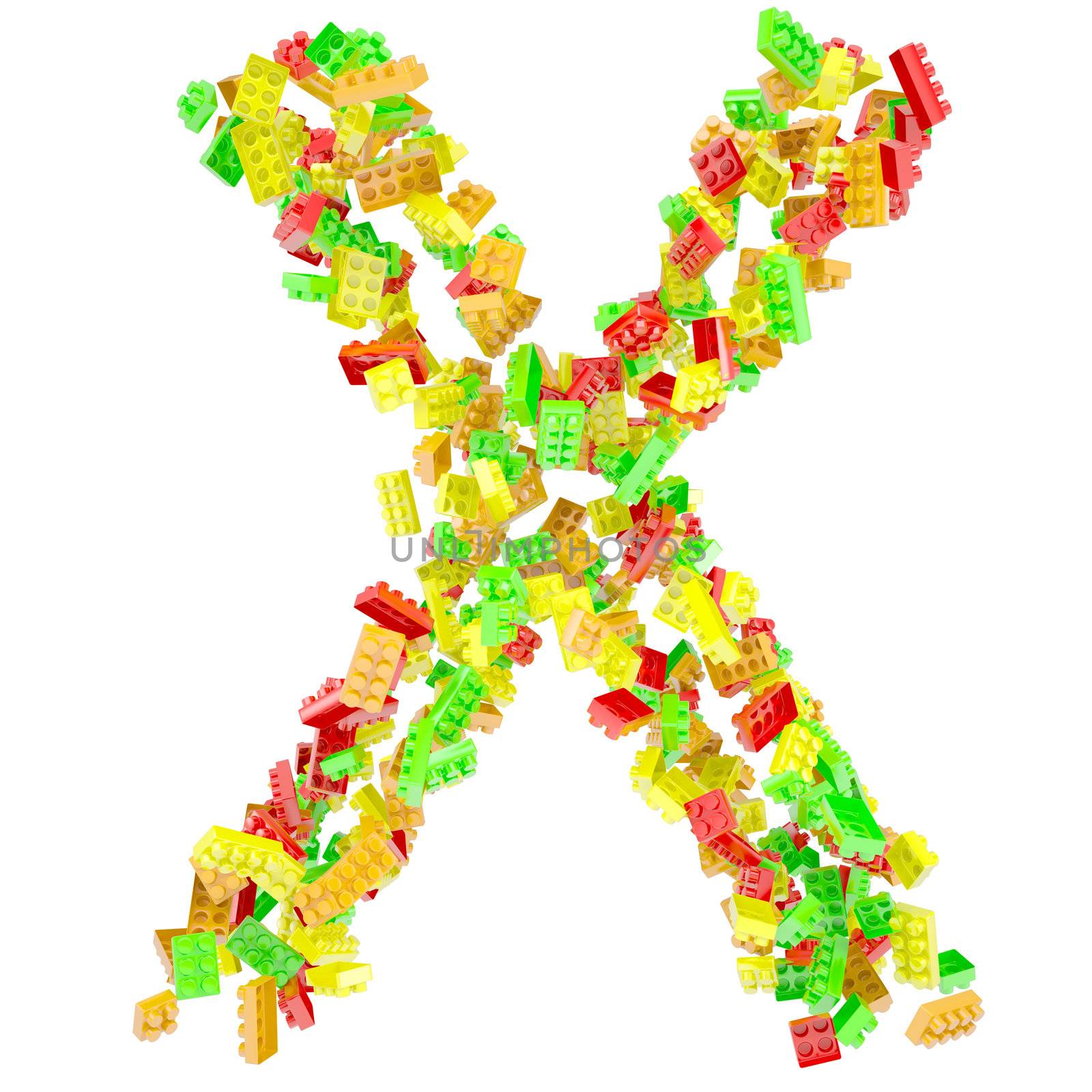 The letter X is made up of children's blocks. Isolated render on a white background