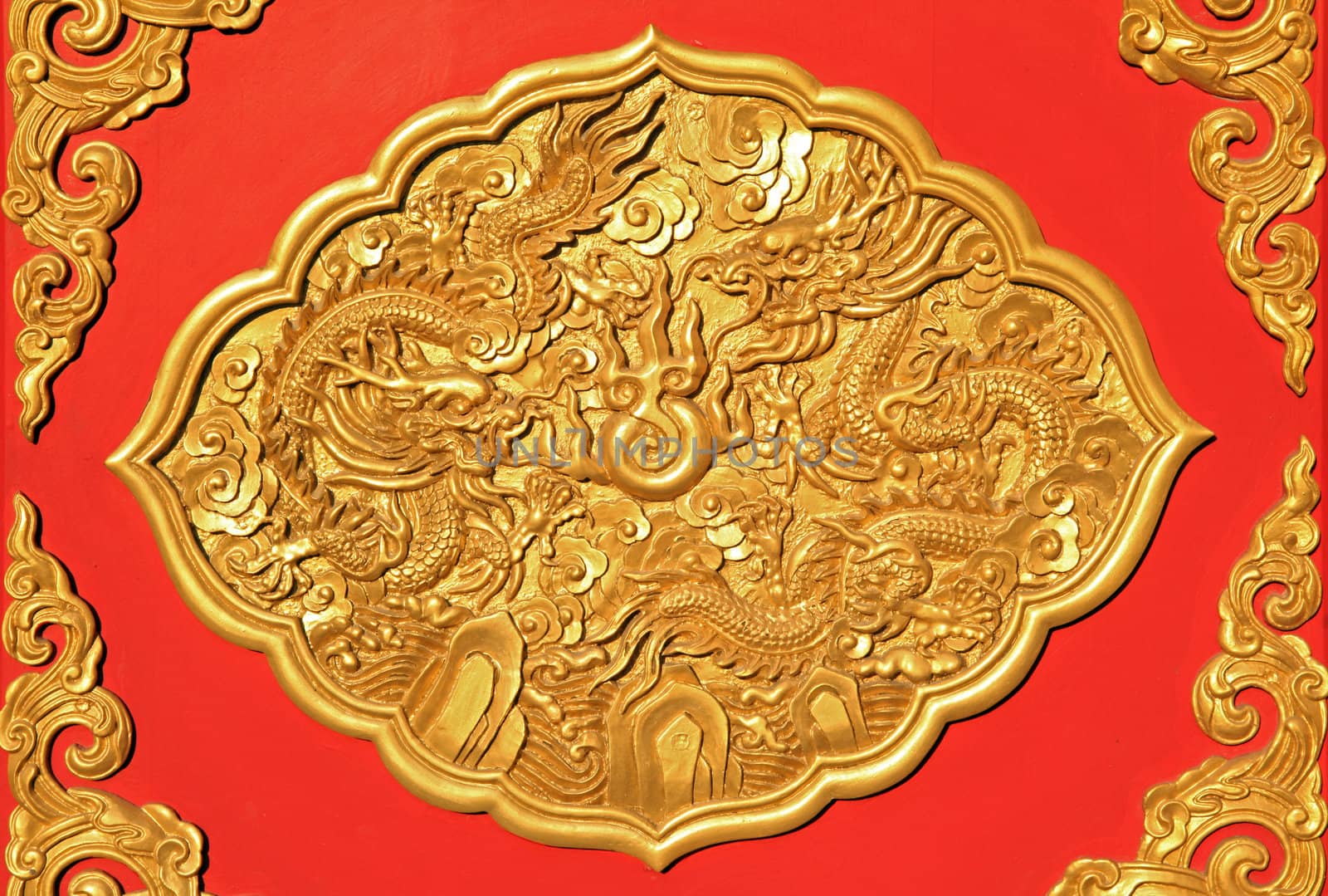detail of golden ornamental art on chinese wooden door