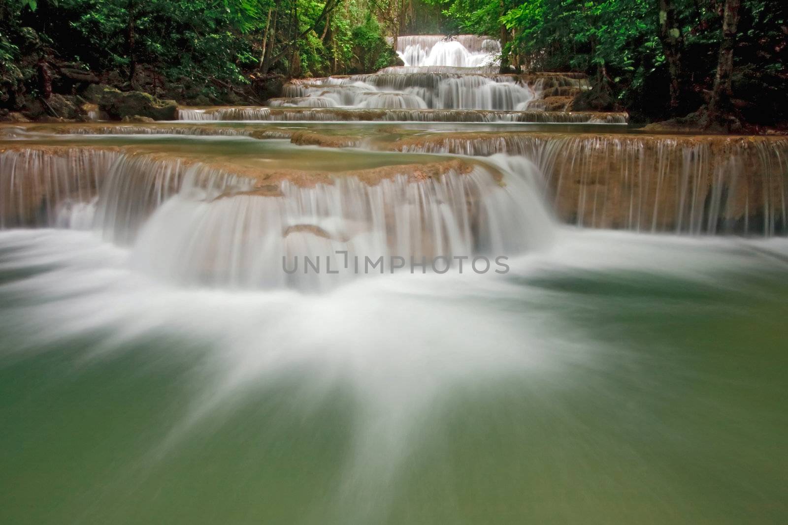 Huay Mae Khamin Waterfall First Level, Paradise waterfall in Tropical rain forest of Thailand