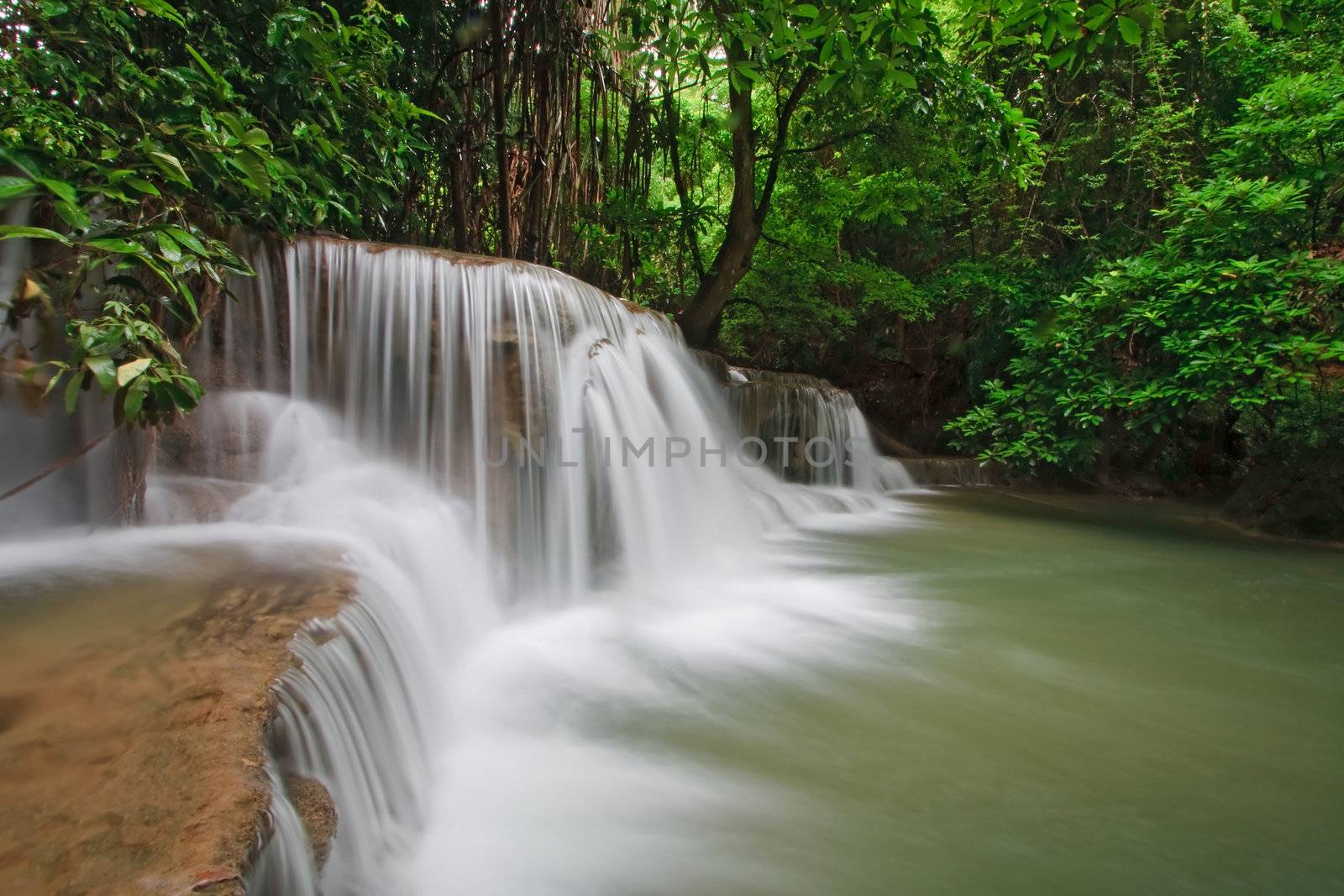 Huay Mae Khamin Waterfall Third Level, Paradise waterfall in Tropical rain forest of Thailand