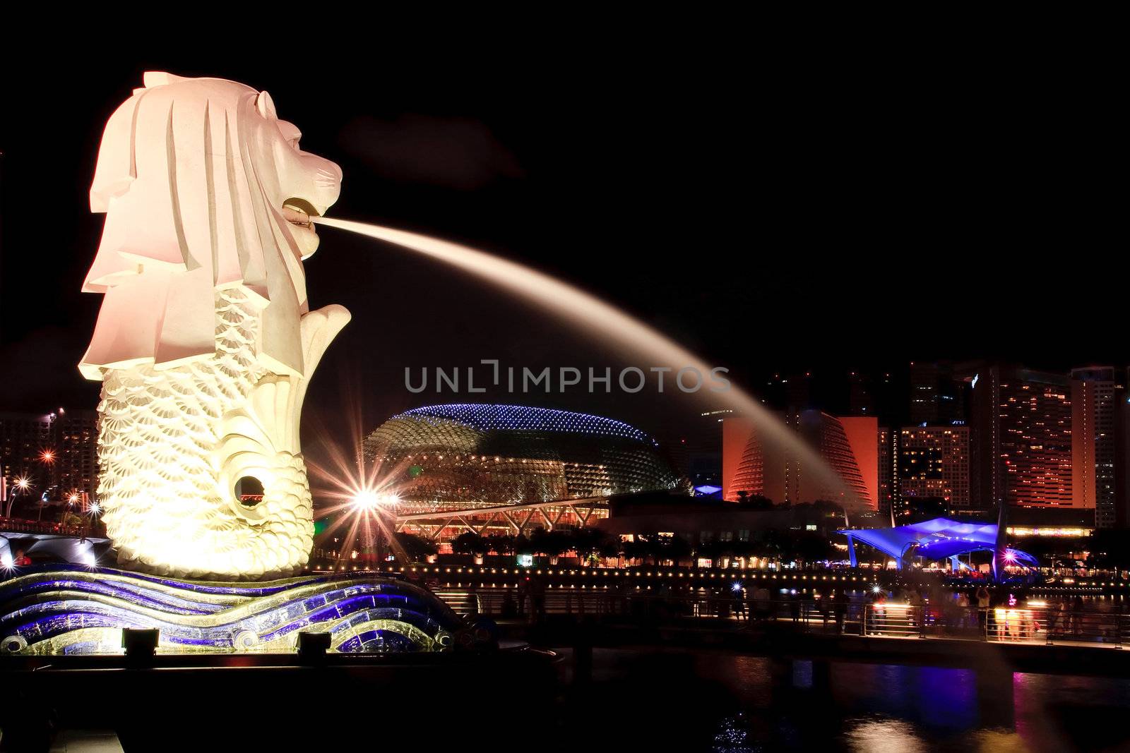 Singapore Jan-23, closeup of Merlion at Marina bay on 23 Jan 2010.Merlion is an imaginary creature with the head of a lion and the body of a fish, used as a mascot of Singapore
