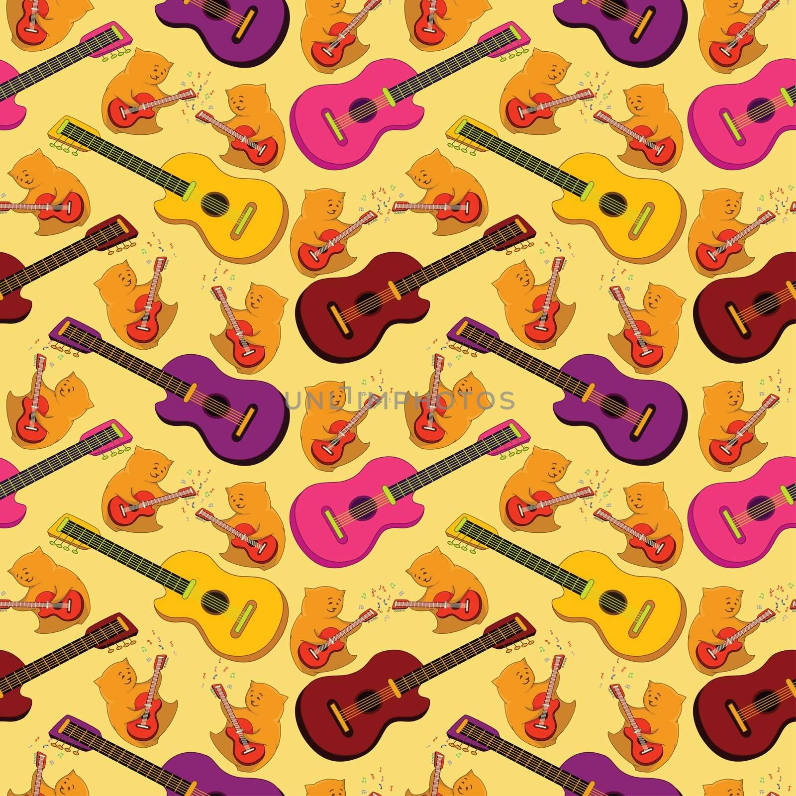 Seamless background, pattern of colorful guitars and cartoon teddy bears musicians.