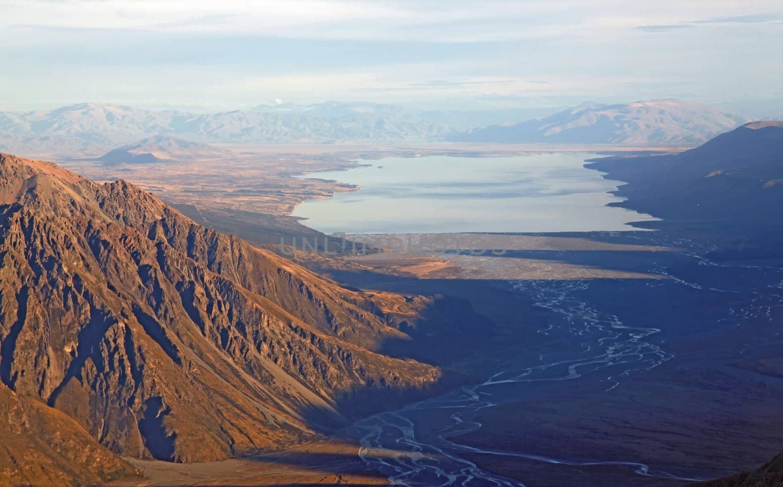 aerial view of river from tasman glacier to lake Pukaki, New Zealand