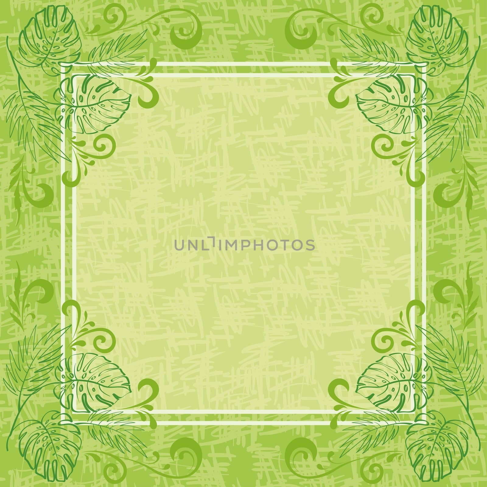 Abstract green floral background. Contour plants, frame and grunge pattern. , contains transparencies.