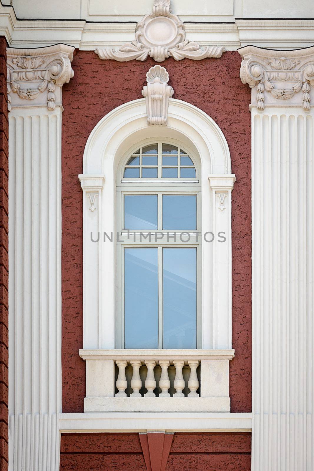 A vertical window with columns. Architectural detail of the National Theatre in Sofia, Bulgaria