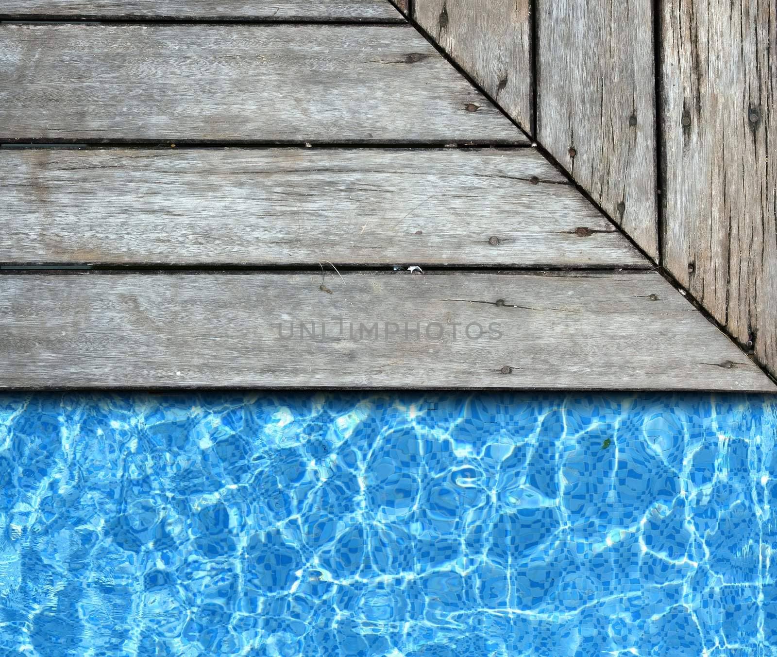 wood pavement with pool background