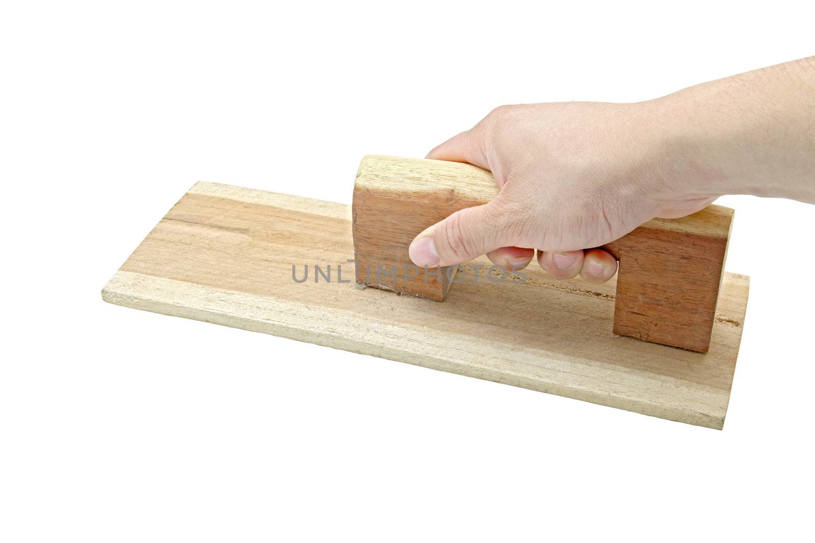 hand with wooden lute isolated on white