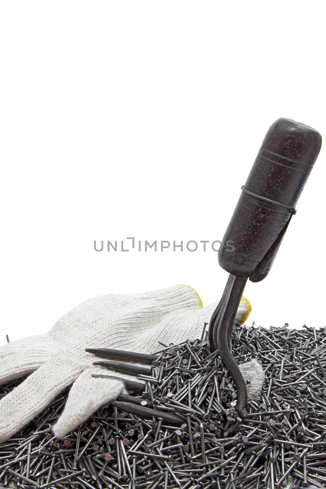 construction glove with grappling hook on nails