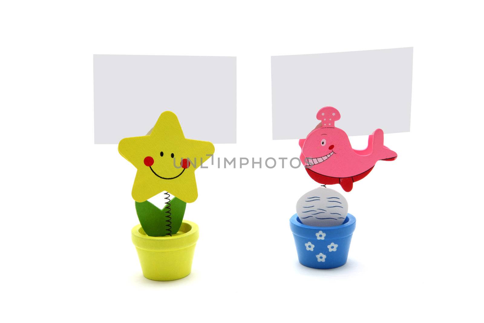 blank business name card on holder against white background