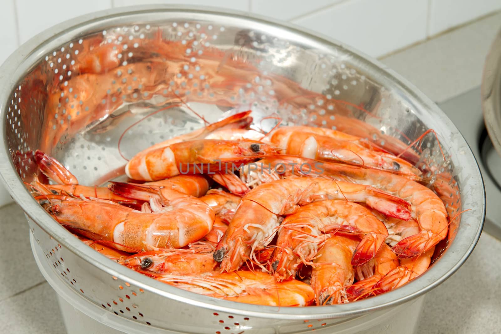 Cooked Prawns with Shell in Colander Strainer