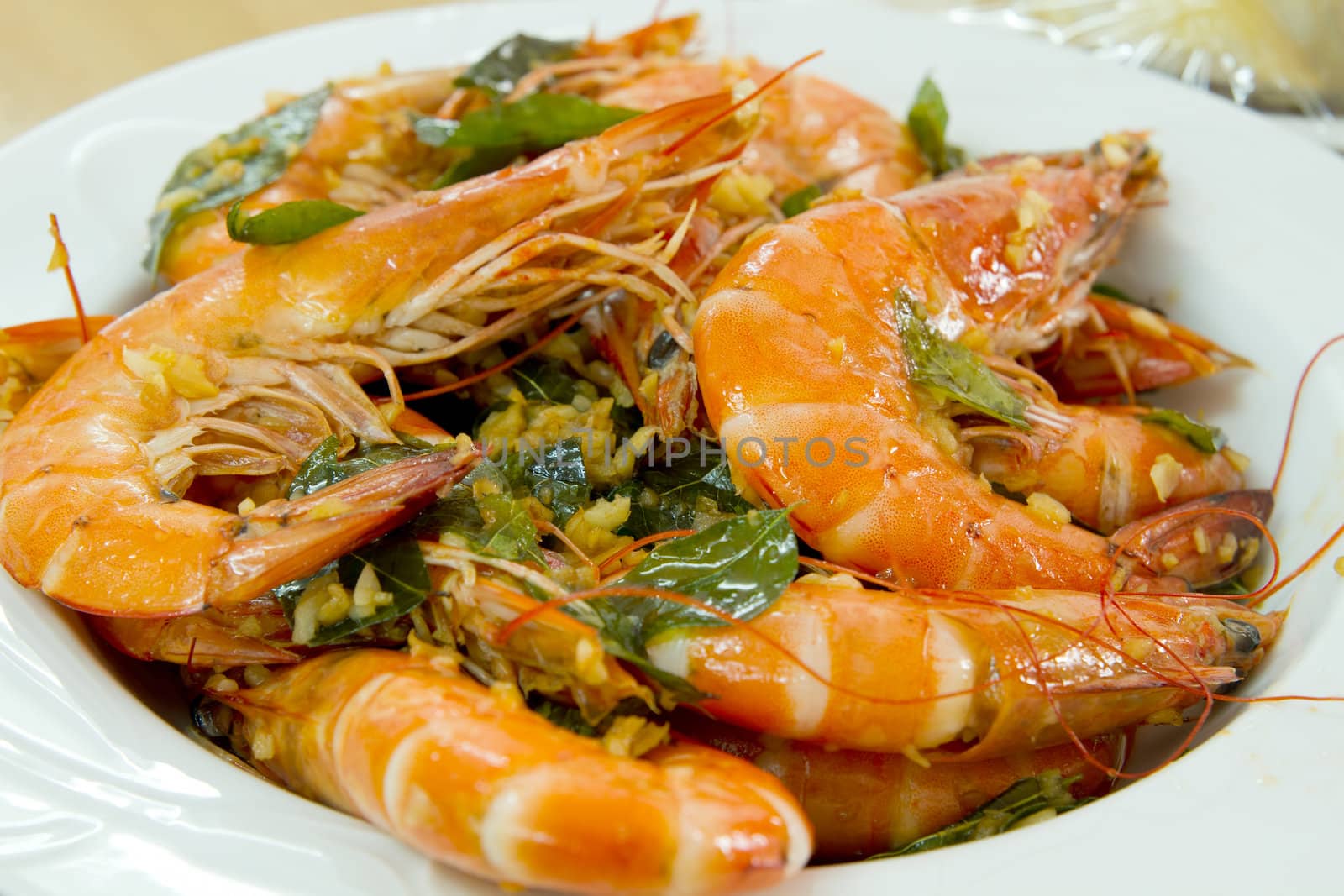 Cooked Prawns with Shell with Garlic and Curry Leaves Asian Dish