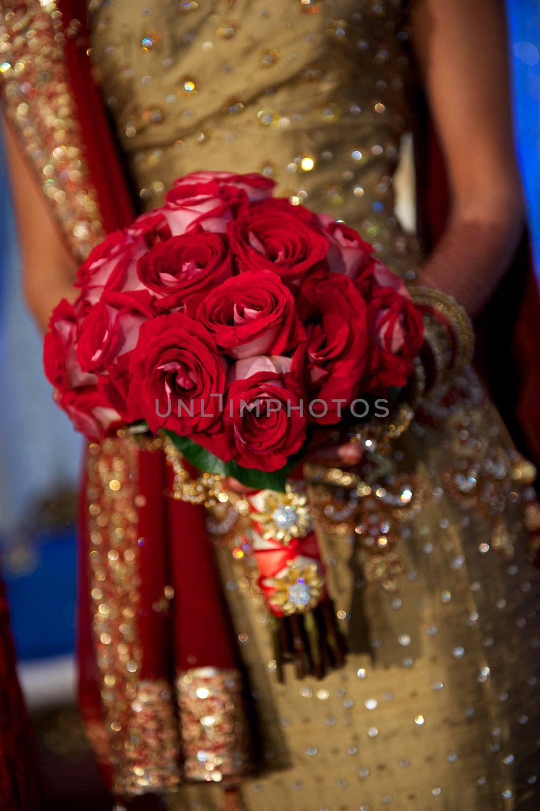 Image of a beautiful Indian bride's bouquet during wedding