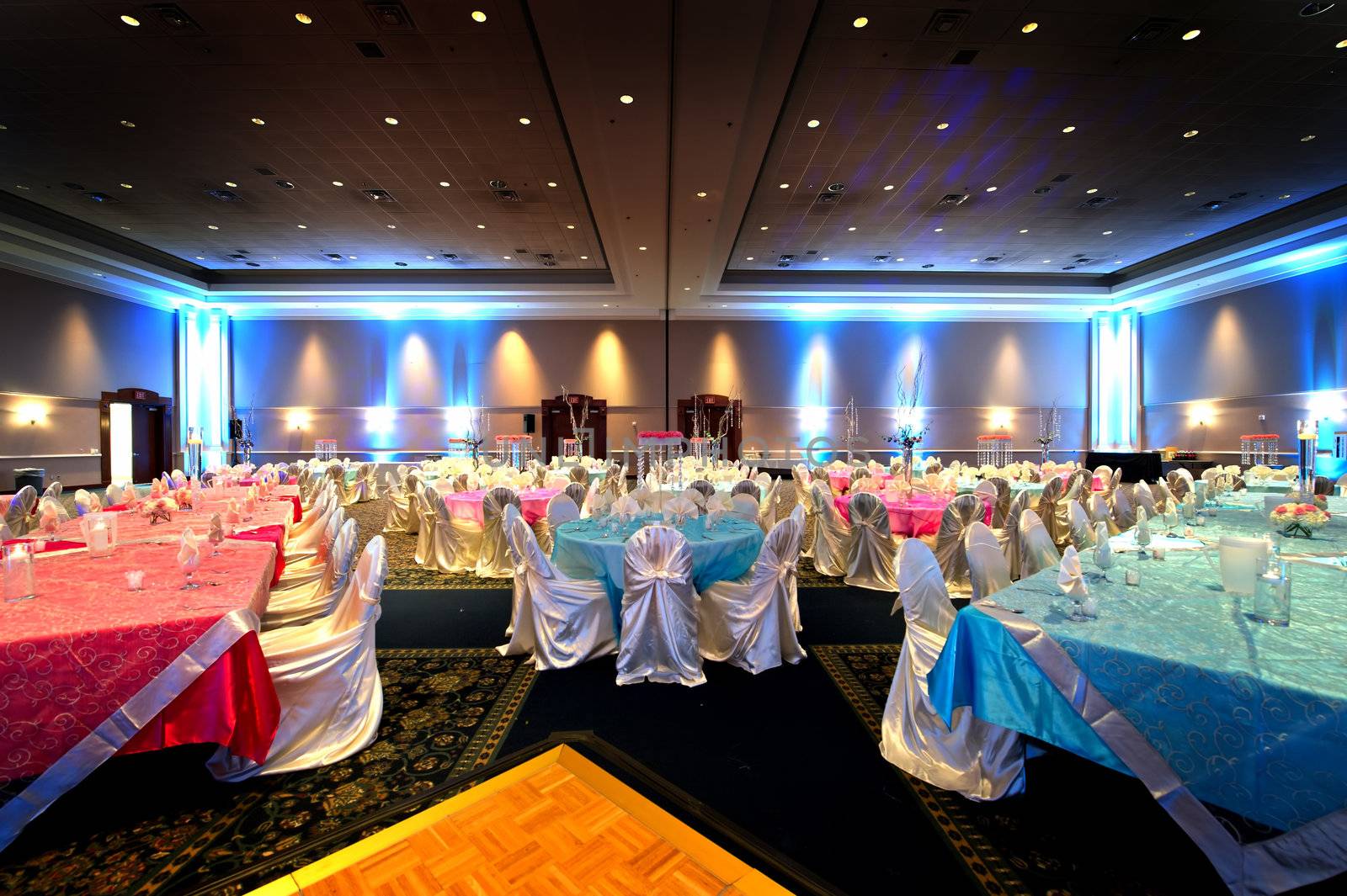 Image of a beautifully set Indian wedding reception room