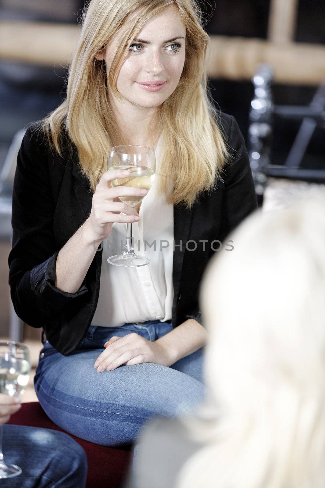 female friends enjoying a drink together at a wine bar.