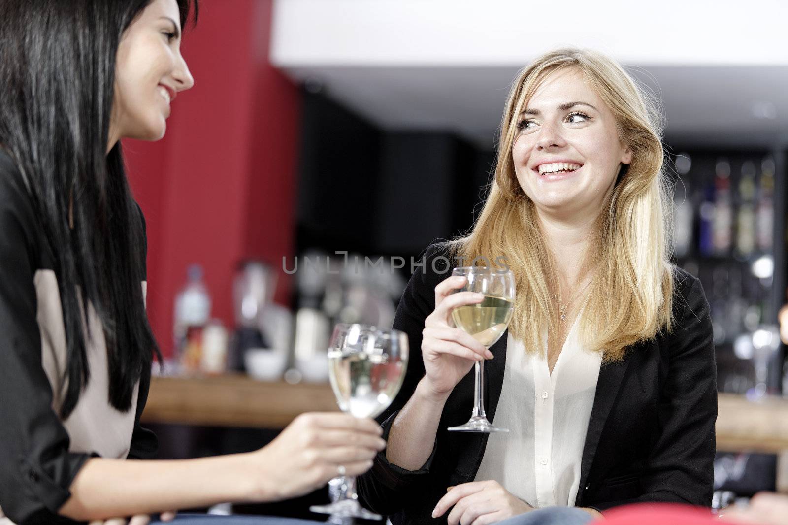 female friends enjoying a drink together at a wine bar.