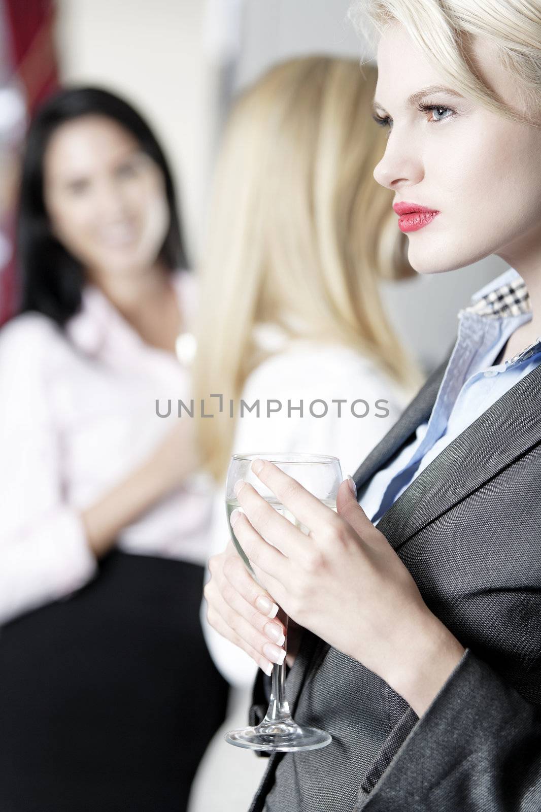 Beautiful young women enjoying a glass of wine after work at a bar.