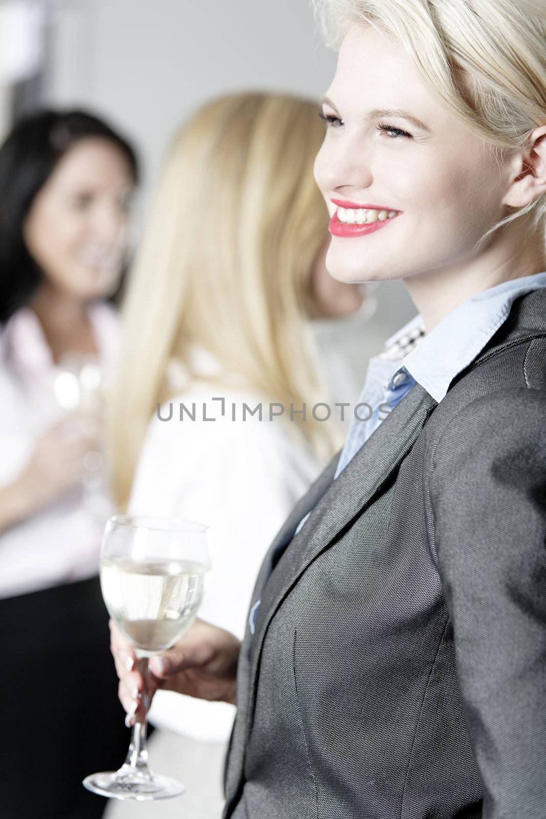 Beautiful young women enjoying a glass of wine after work at a bar.