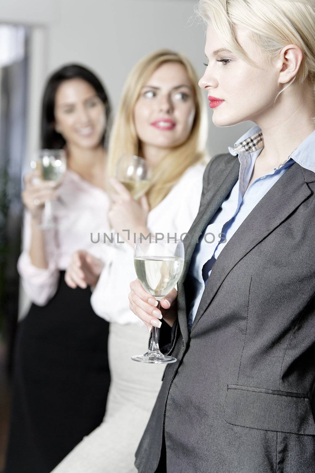 Beautiful young women enjoying a glass of wine after work at a bar.