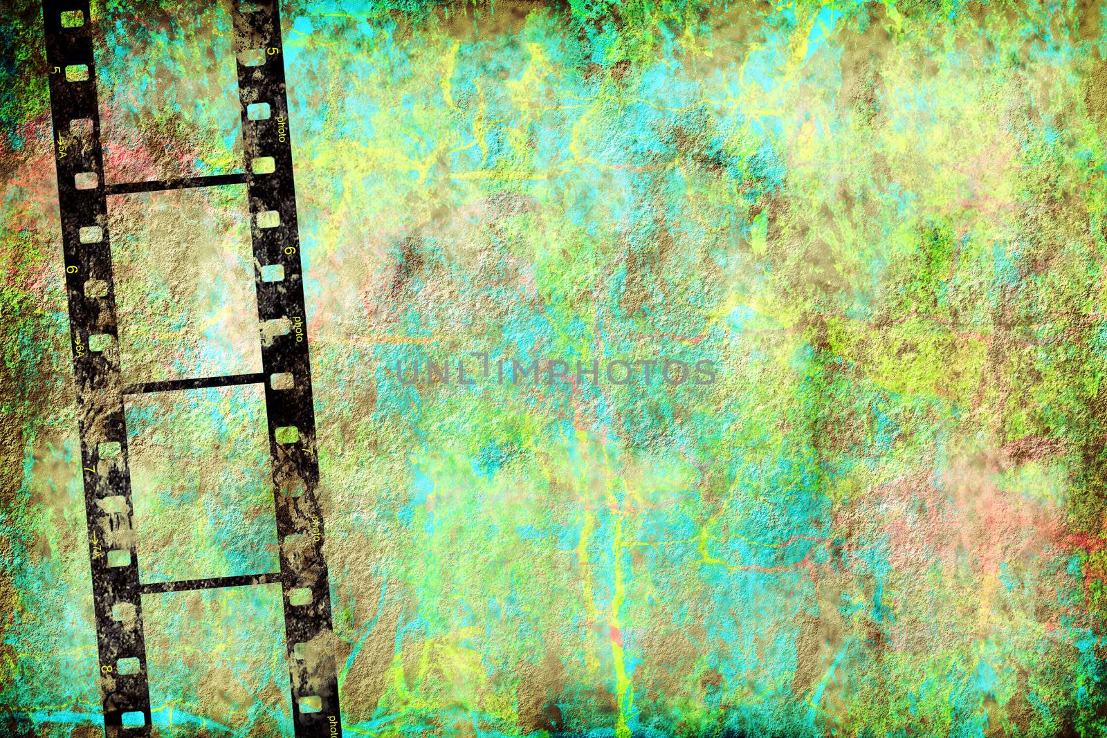 transparent negative film by old grunge wall with copy space