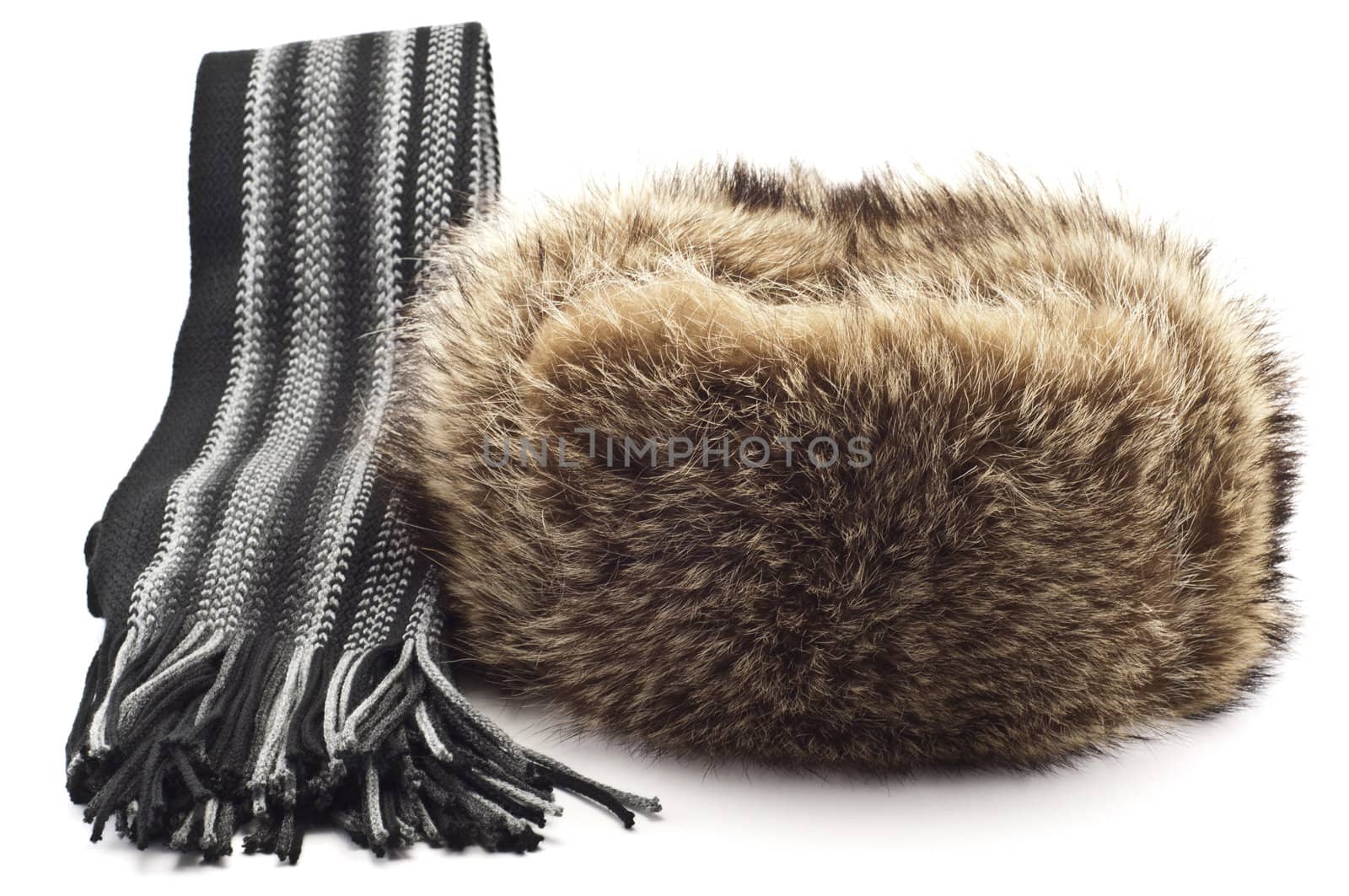 Winter fur hat and scarf on a background