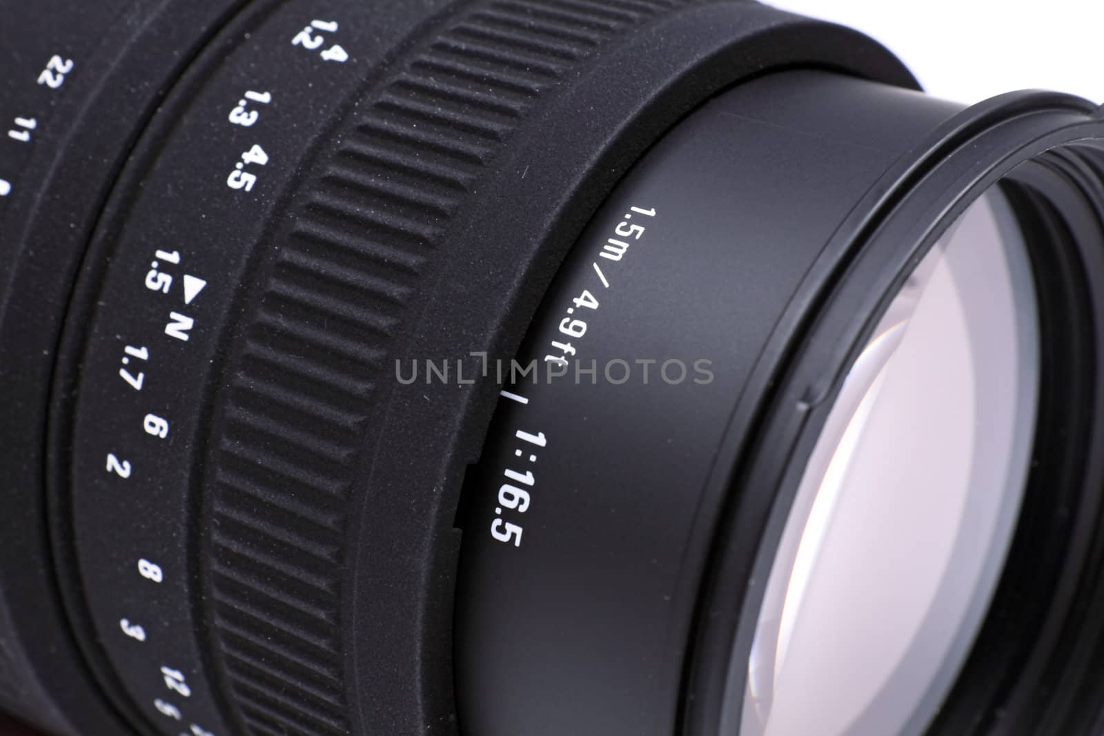 Closeup of camera lens isolated on white background