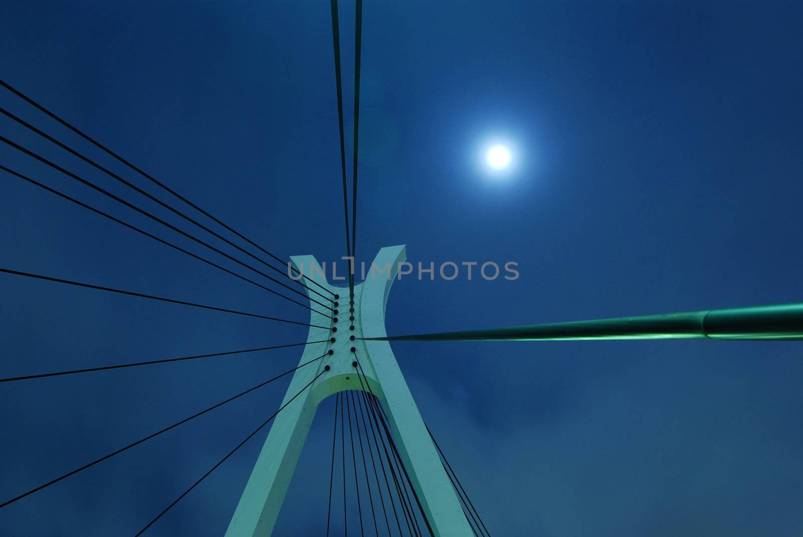 full moon and suspension bridge elements on the night city sky