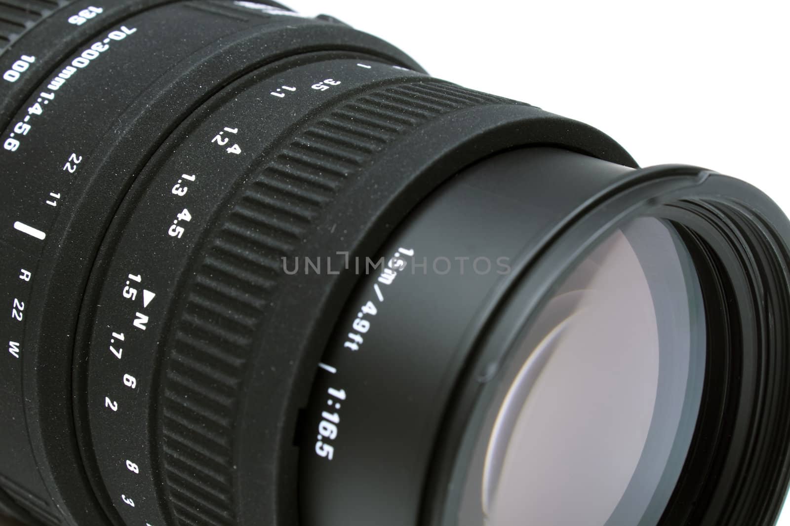 Closeup of camera lens isolated on white background