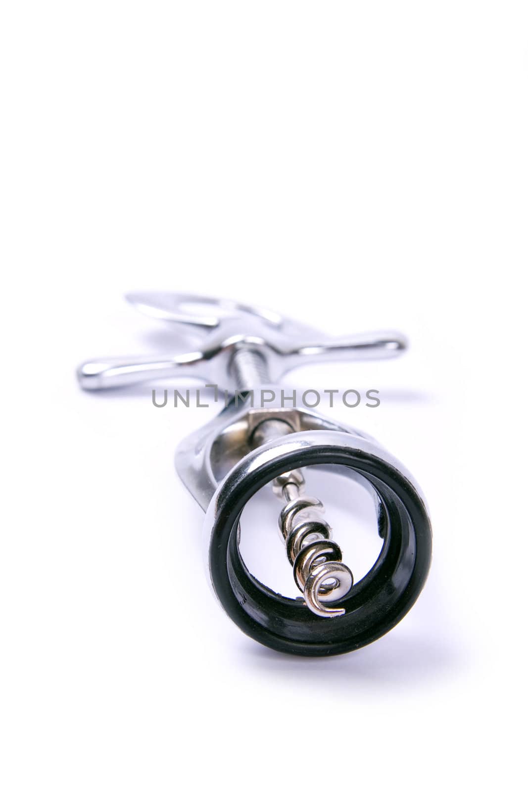 Silver corkscrew on white background