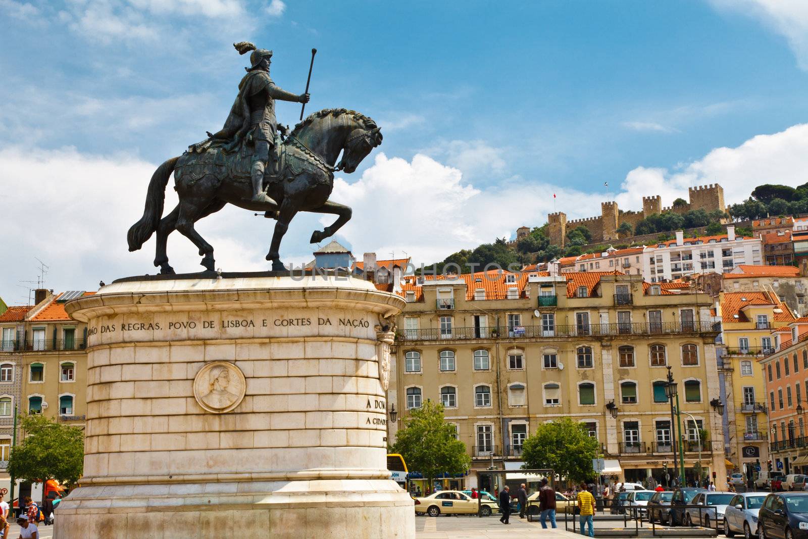 Statue of King on Central Square in Lisbon, Portugal