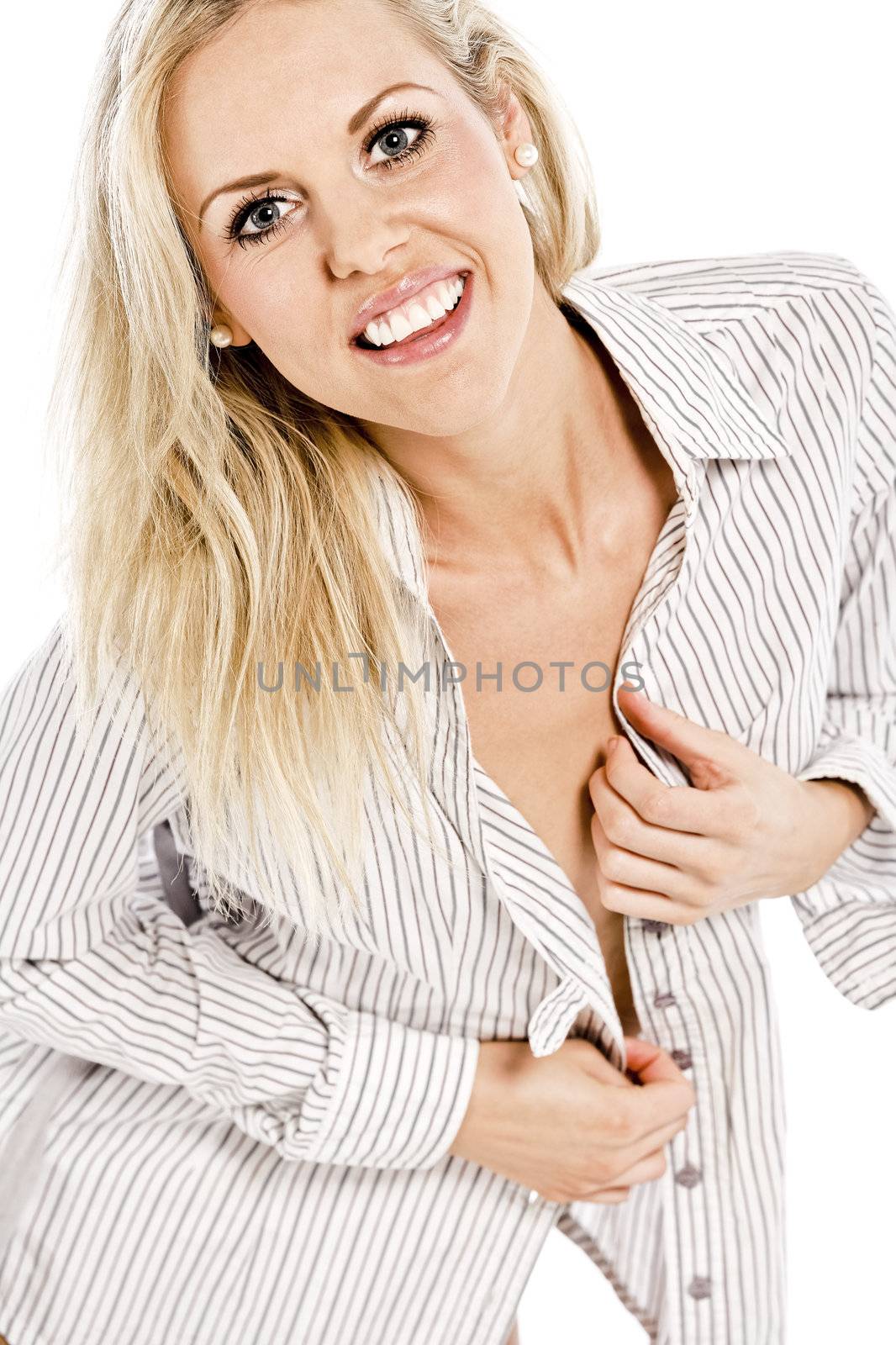 Beautiful young woman in shirt and underwear on white background