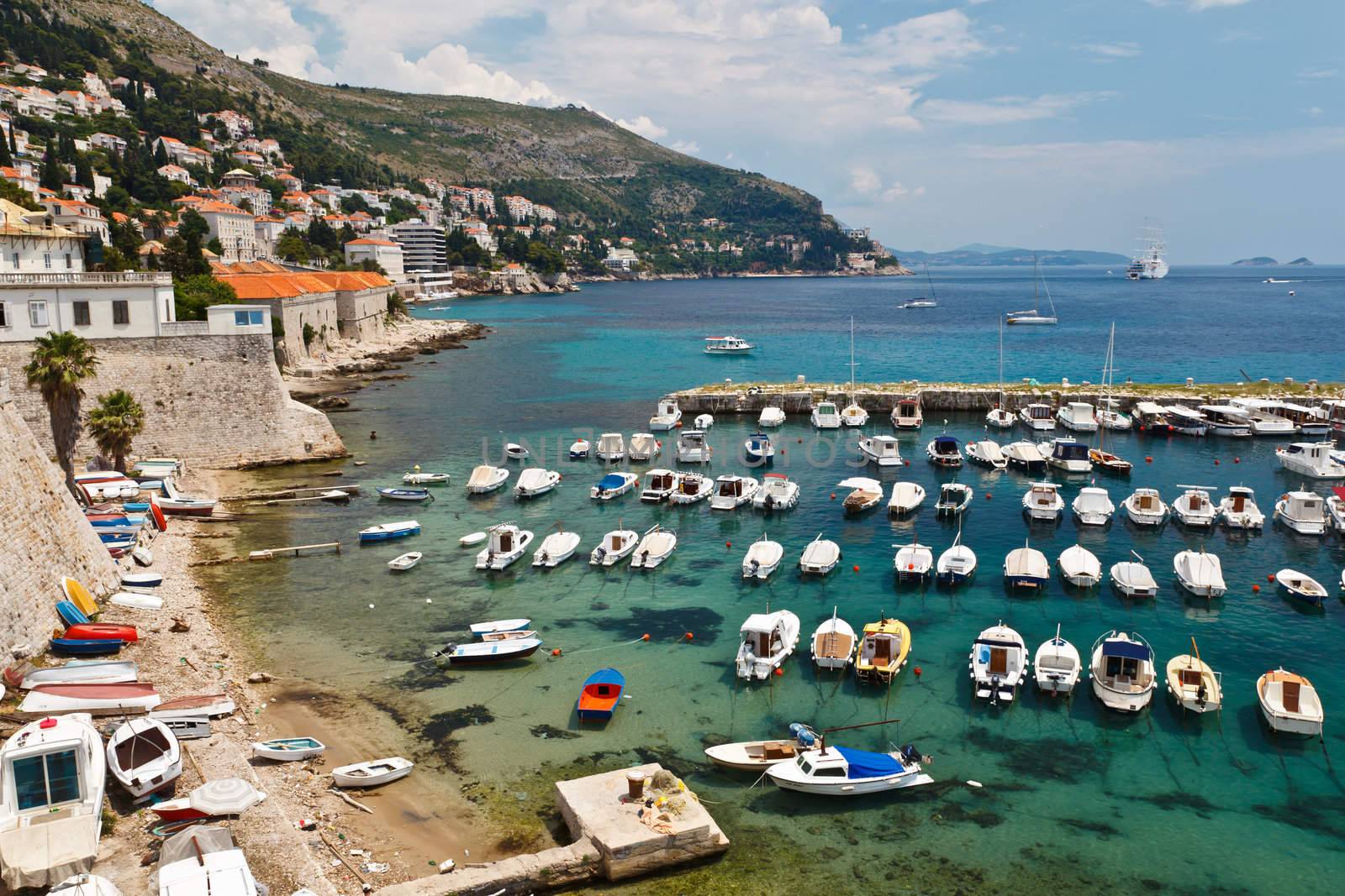 Panorama of Dubrovnik Marina with Many Docked Boats, Croatia