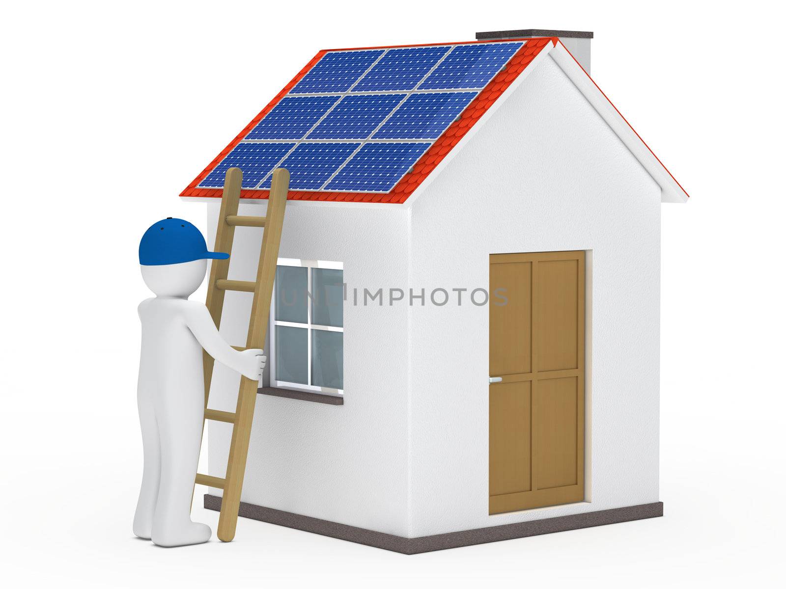 man hold ladder on house with solar