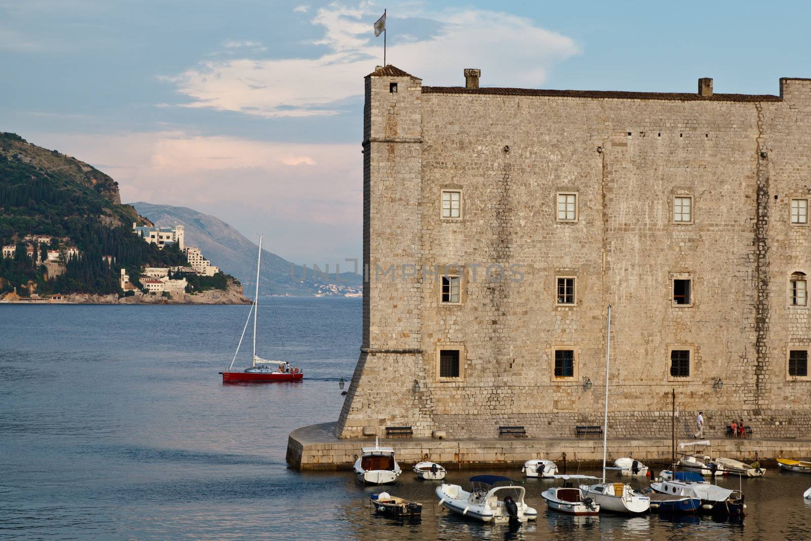 Yacht Sailing behind Fort of Saint John in Dubrovnik, Croatia