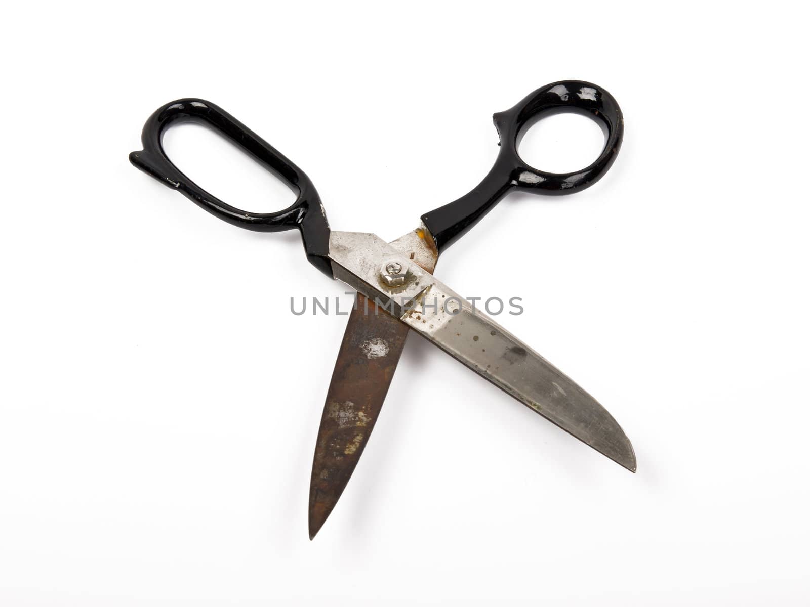 old black rusty scissors isolated on white background