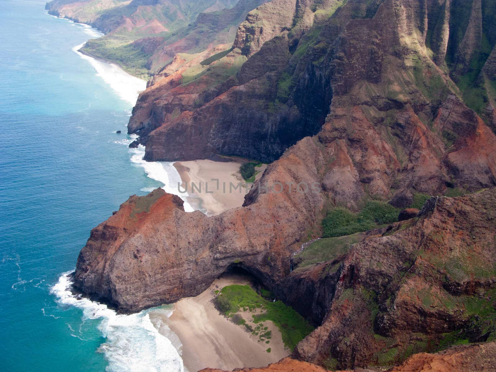 Aerial image of the inaccessible coast of Na Pali in Kauai