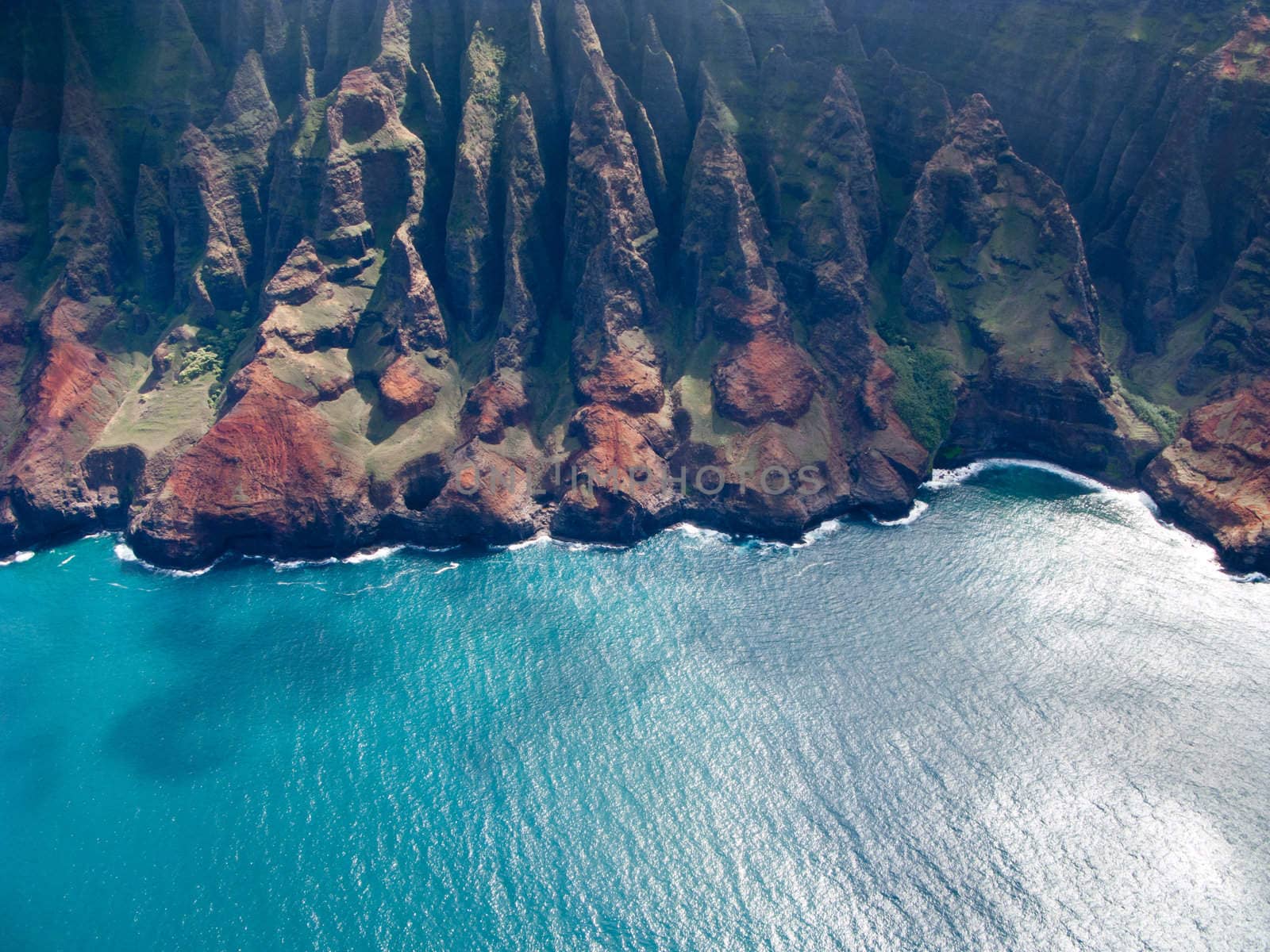 Aerial image of the inaccessible coast of Na Pali in Kauai