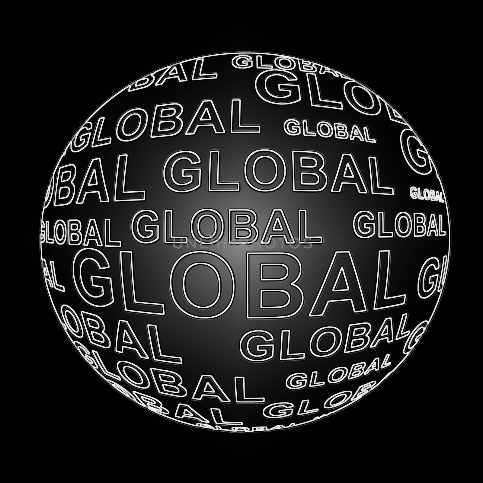Illustration depicting a black sphere with the words 'global' arranged over the entire shape. Black background.